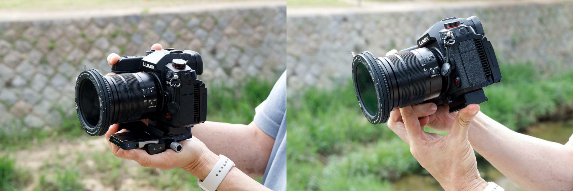 ジンバルからプレートごとカメラを外せばすぐに手持ち撮影に移行できる。ジンバル撮影に戻るのも簡単で便利。