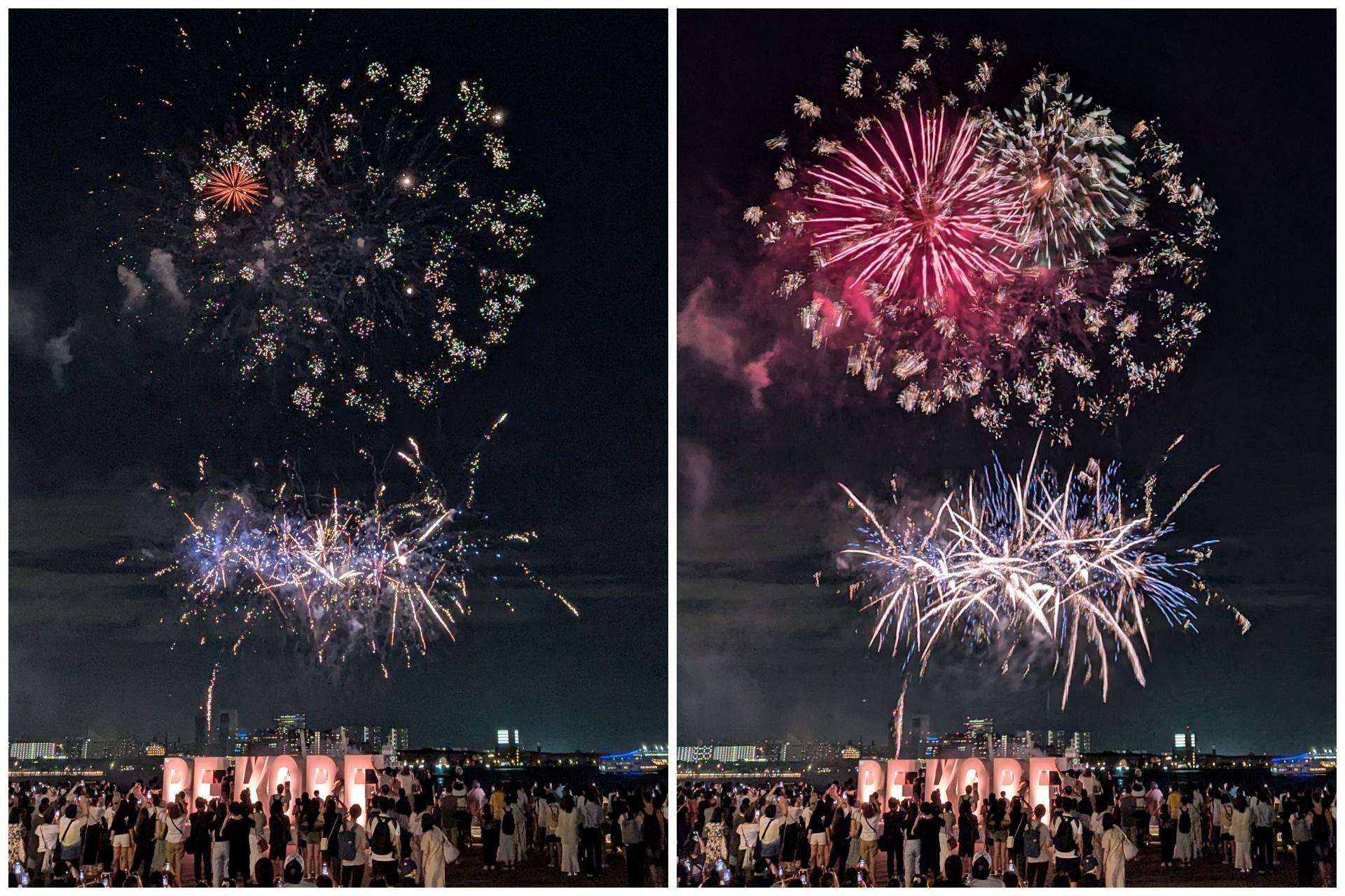 画像左：通常の写真。画像右：長時間露光で撮影した写真。花火が開く様子が記録されて美しい。