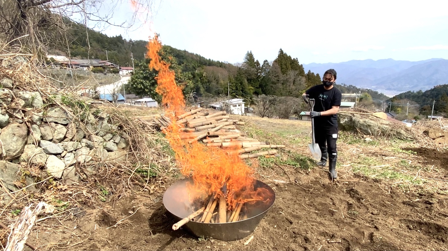 畑のある集落の竹林にて倒れていたり放置されている竹を集め、畑に撒くための竹炭を作っているところ