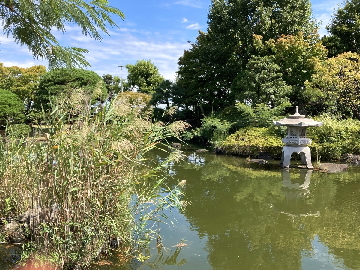 石灯篭とススキが風流な日本庭園