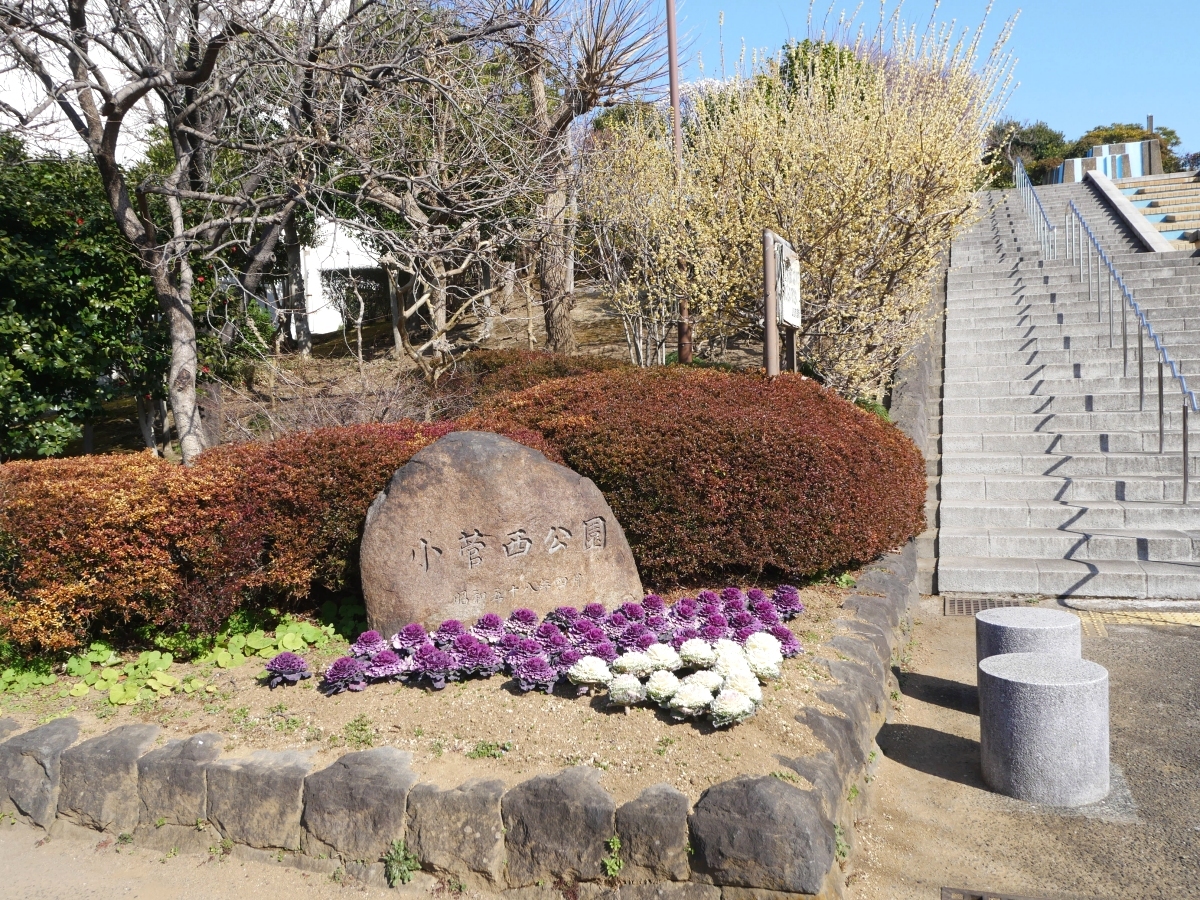 階段の踊り場にある小菅西公園の石銘板