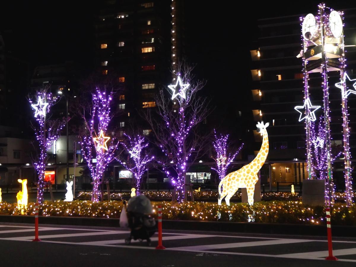 東北広場のイルミネーション。大きなキリンが迫力