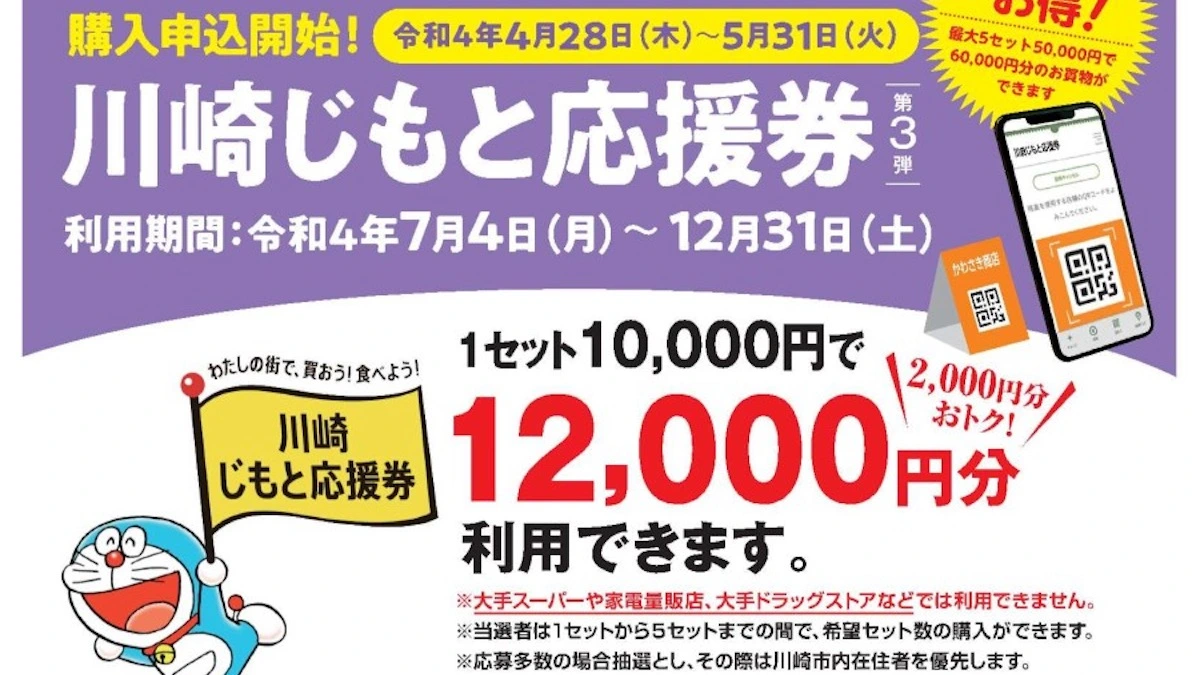 川崎市】待ってたよドラえもん！第三弾じもと応援券の購入申し込み開始！今度は電子チケットだ♪（Ash） - エキスパート - Yahoo!ニュース