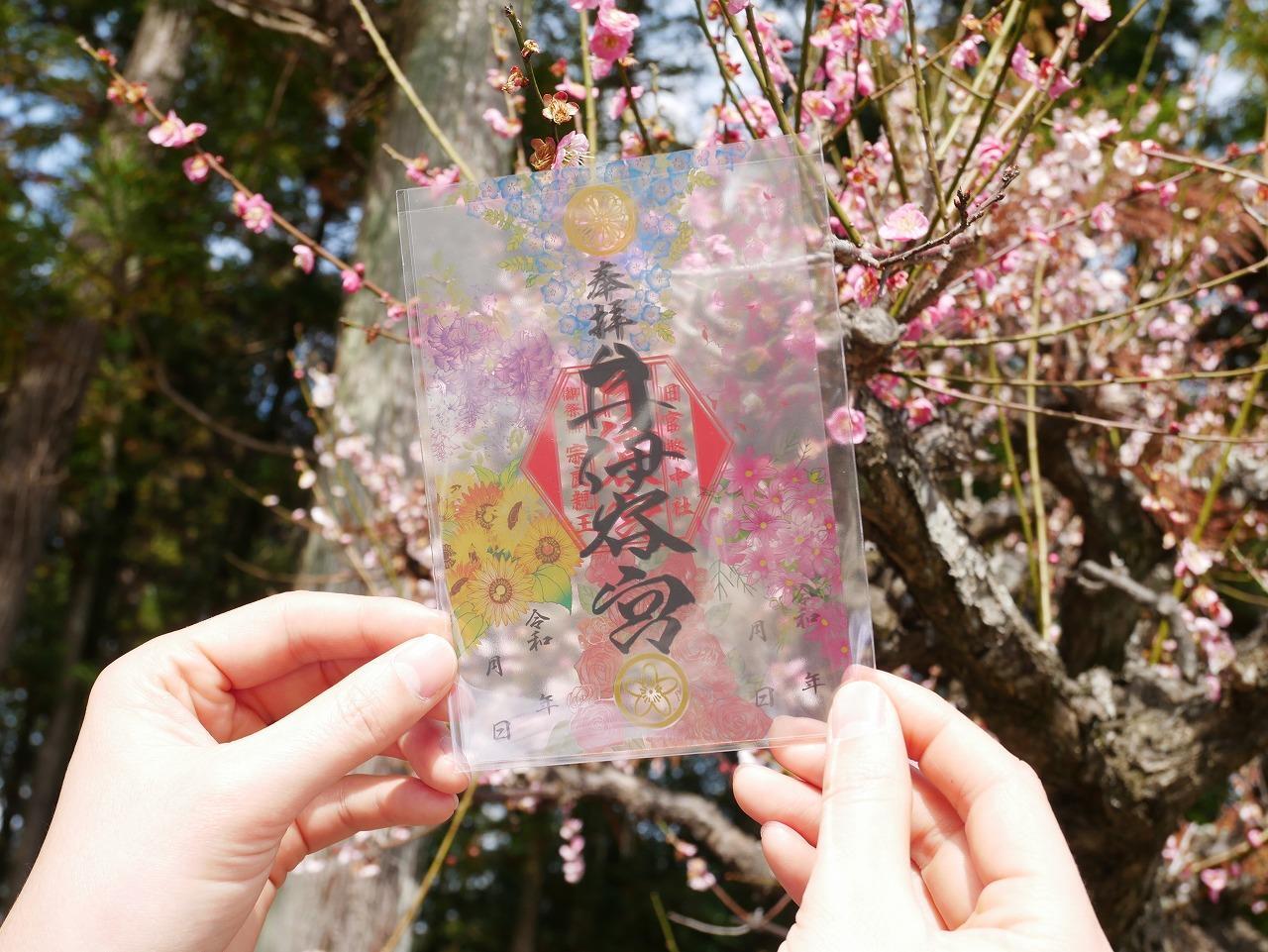 梅の花（思いのまま）を背景に花重ねクリア御朱印を重ねてみた