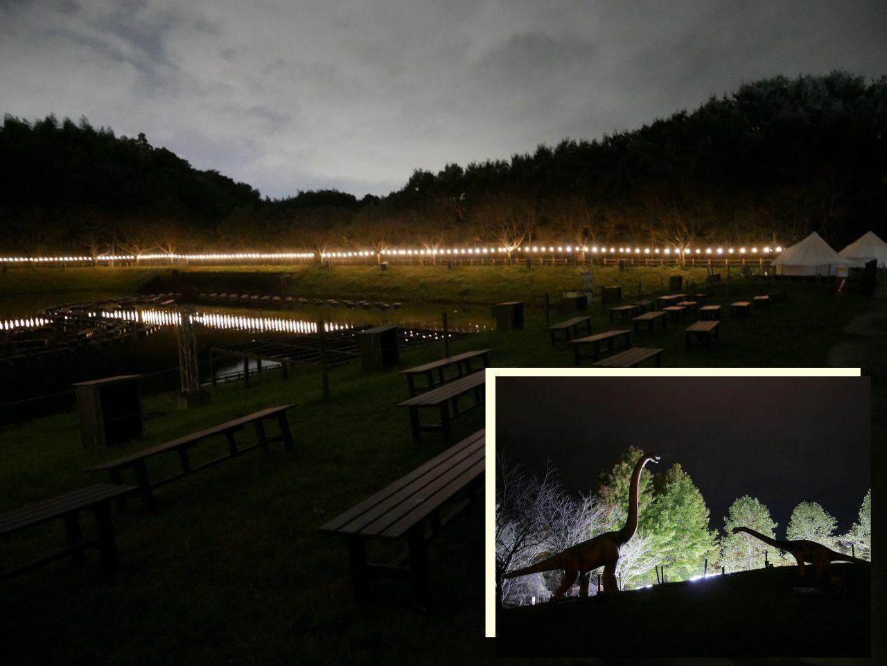 観覧ベンチは噴水池のすぐ近く（右下：丘の上の恐竜たち）