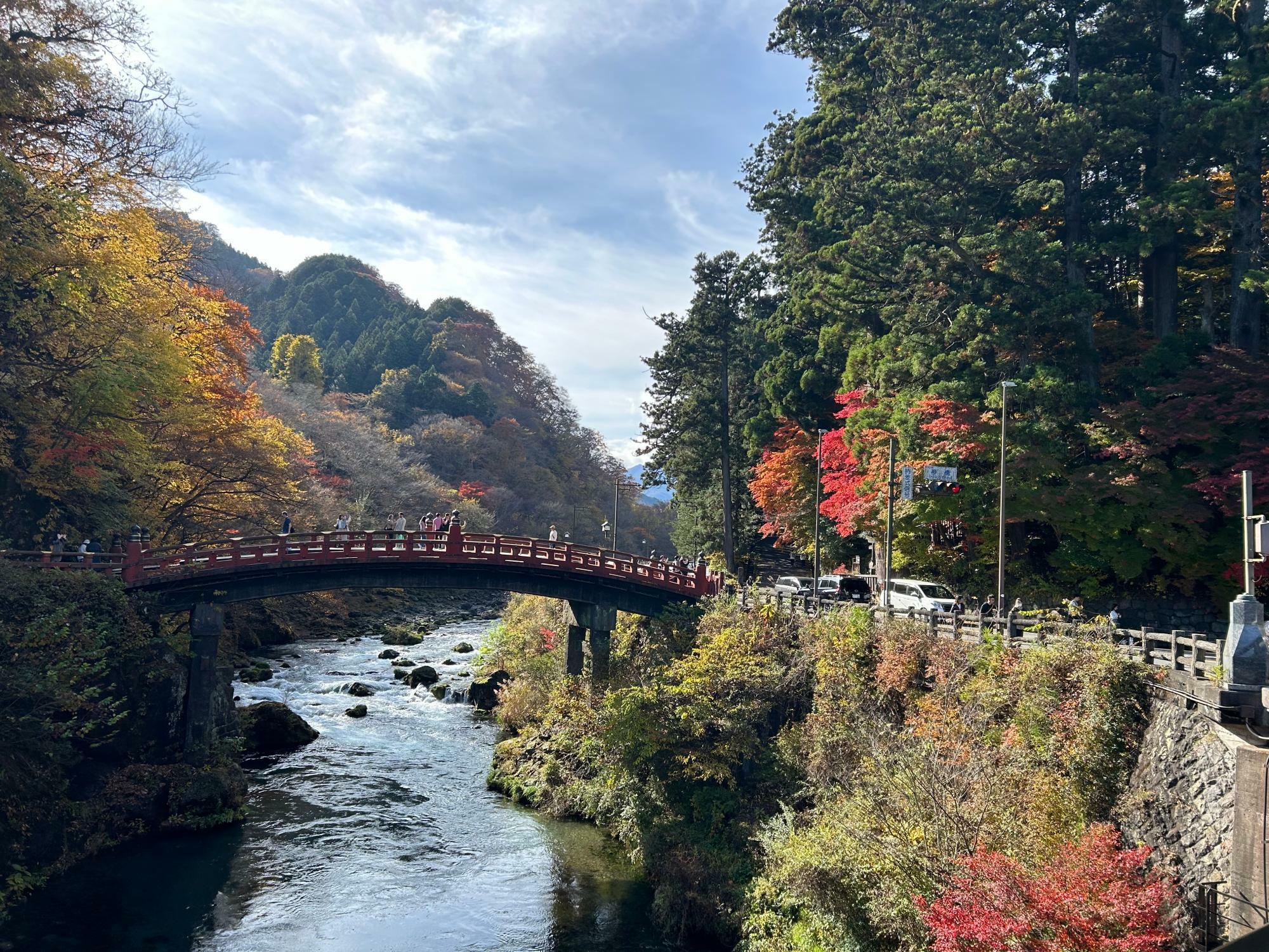 道路側から。橋の上は撮影する人で賑わっています