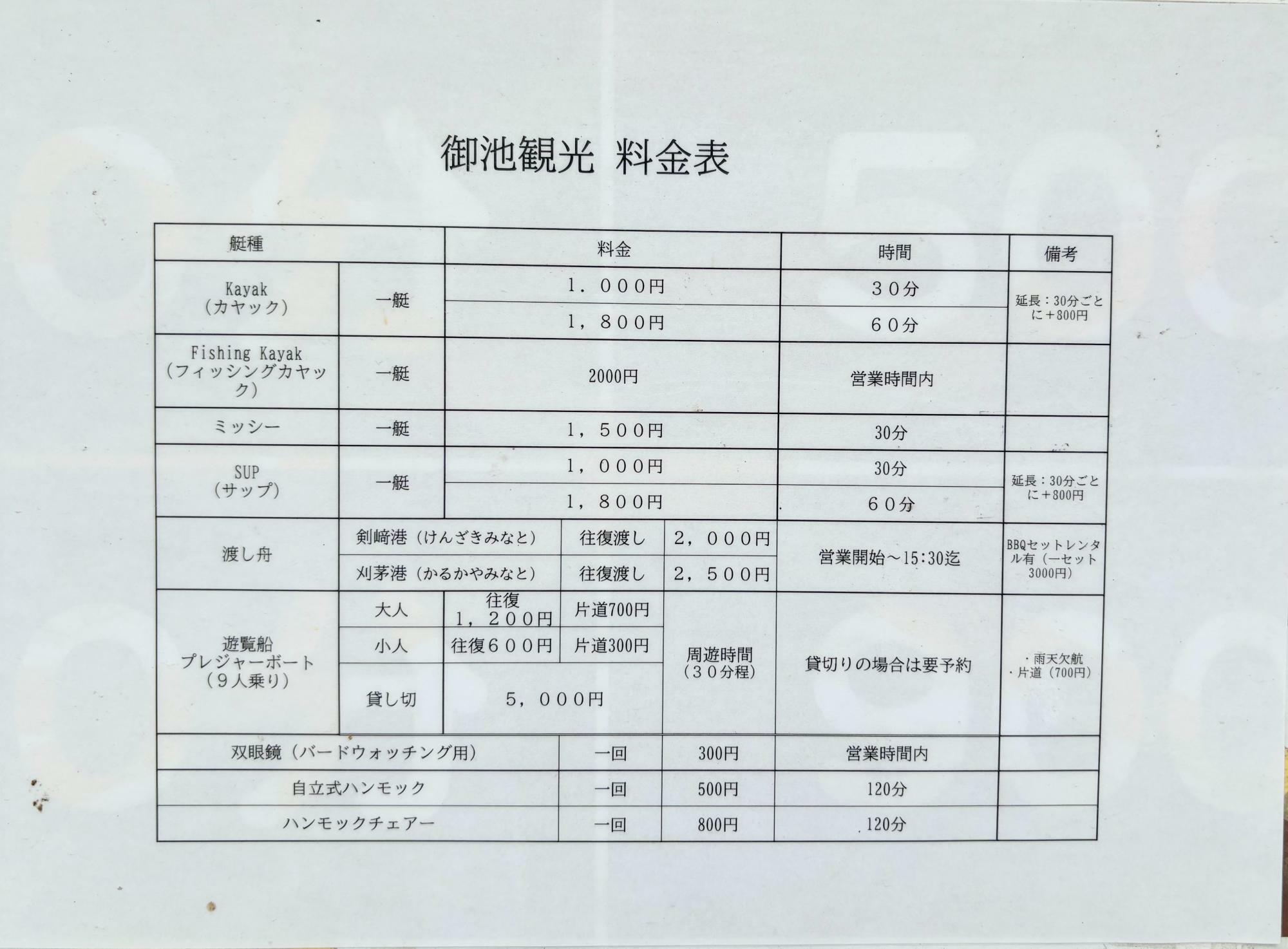 御池観光料金表