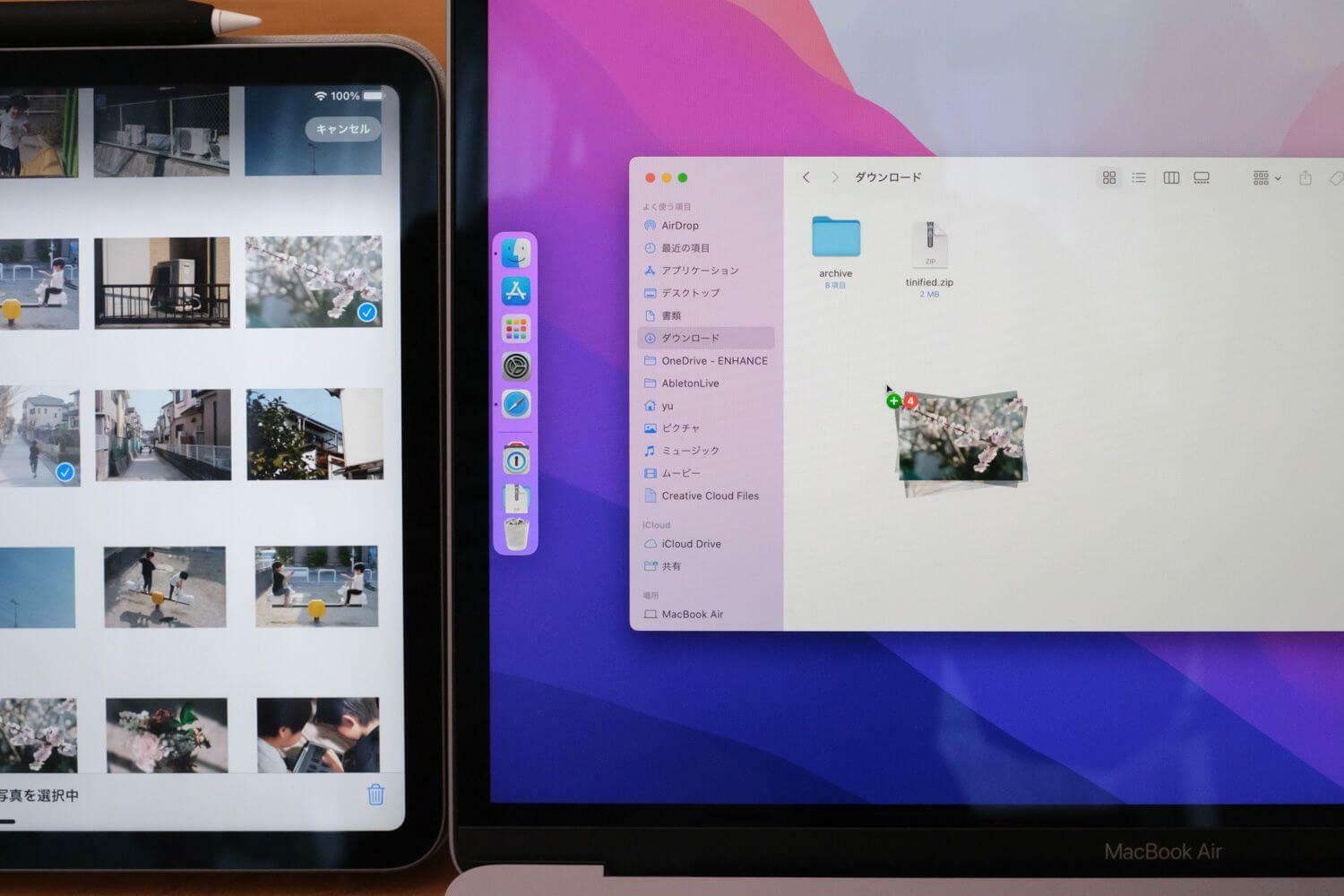 左のiPadの写真アプリからMacへ写真をコピー