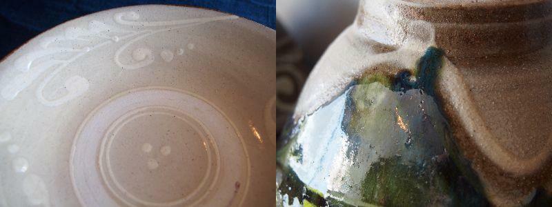 左側：白イッチンのお皿　右側：指掻きの白い曲線が美しいどんぶり