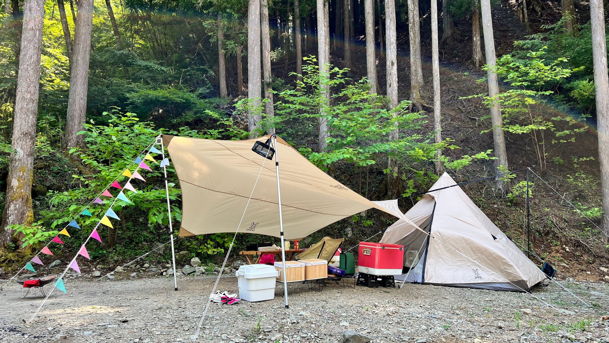 三女との夏キャンプ　ガーランドを付けて引っ掛り防止＆可愛らしいサイトにしてみた