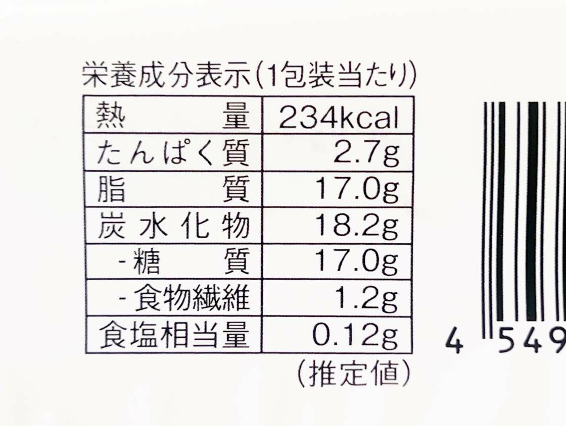 熱量 237cal→234kcal、脂質17.3g→17.0g