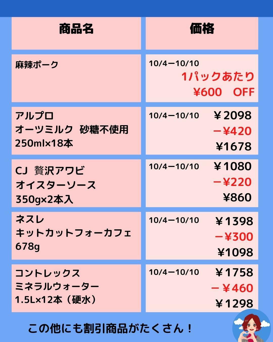 【コストコ】メルマガ割引情報10/4-10/10