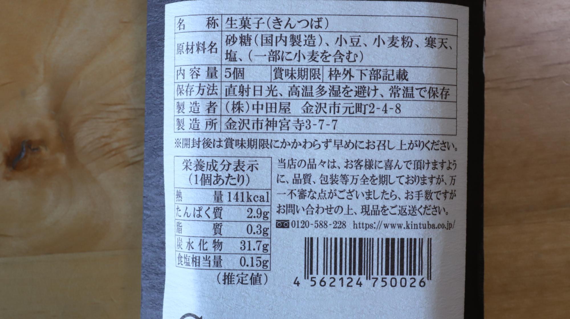 中田屋のきんつば原材料名等の情報