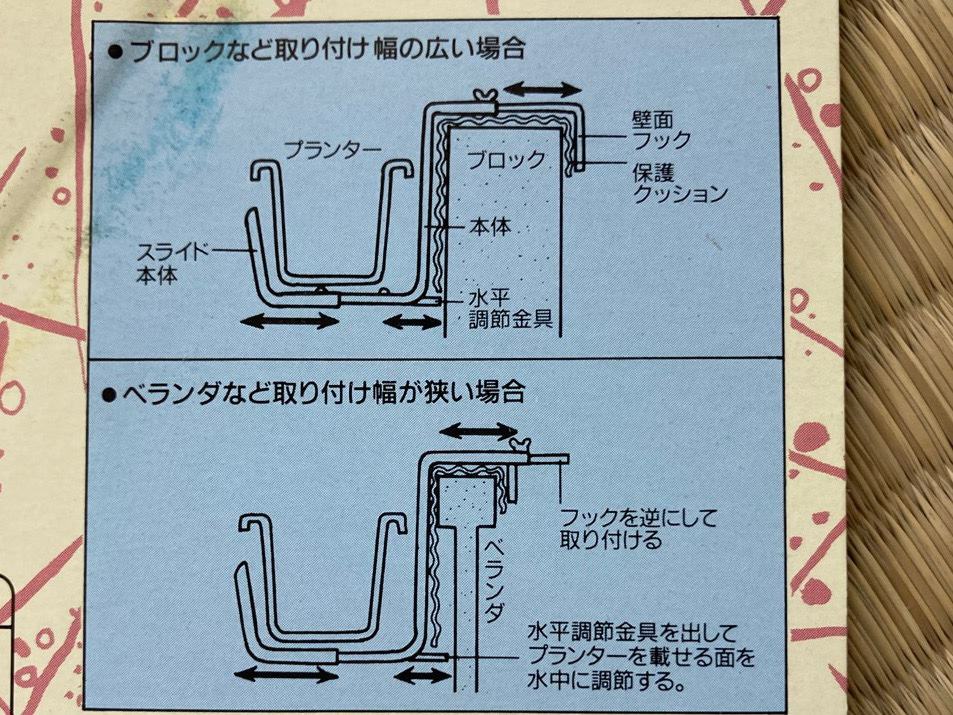 幅の変わる金具を手すりに引っ掛ける方式です