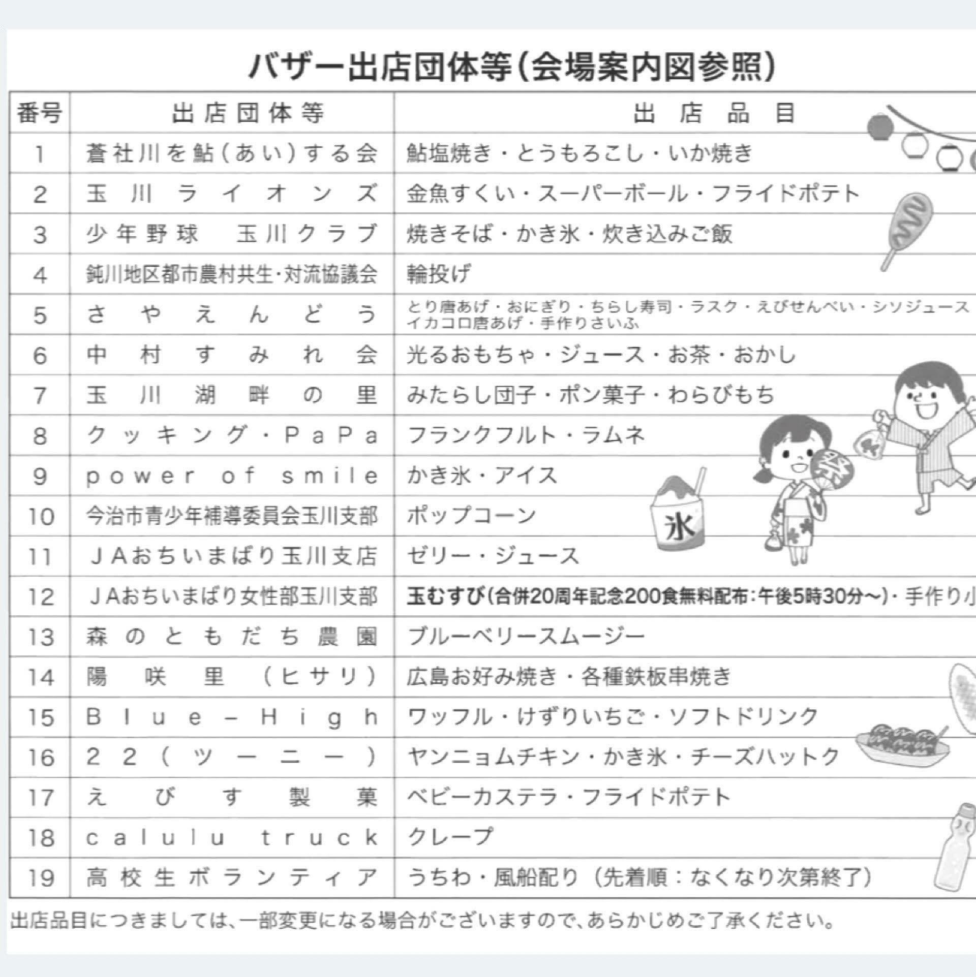 普通の出店はあまり見かけない「鮎の塩焼き」や合併20周年を記念した「玉むすび」、ぜひ食べてみたいですね。