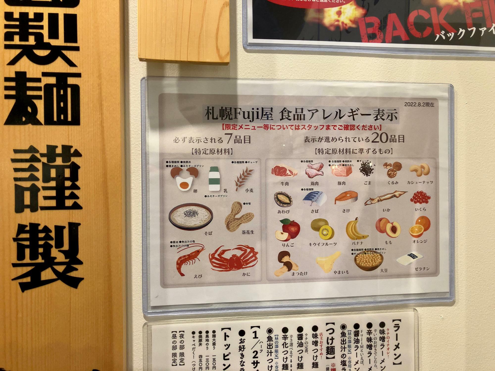 「札幌Fuji屋 食品アレルギー表示」