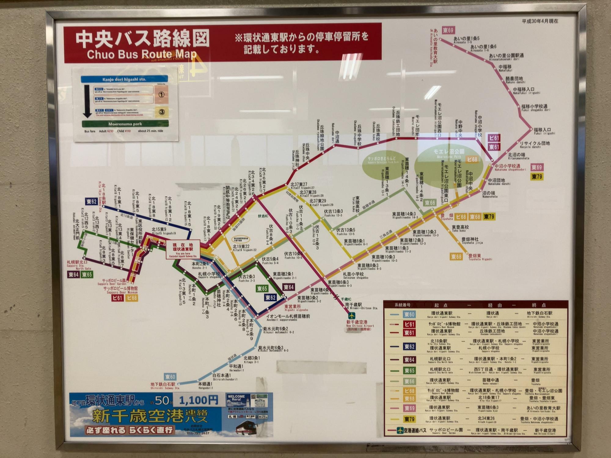 中央バス路線図（※環状通東駅からの停車停留所を記載）