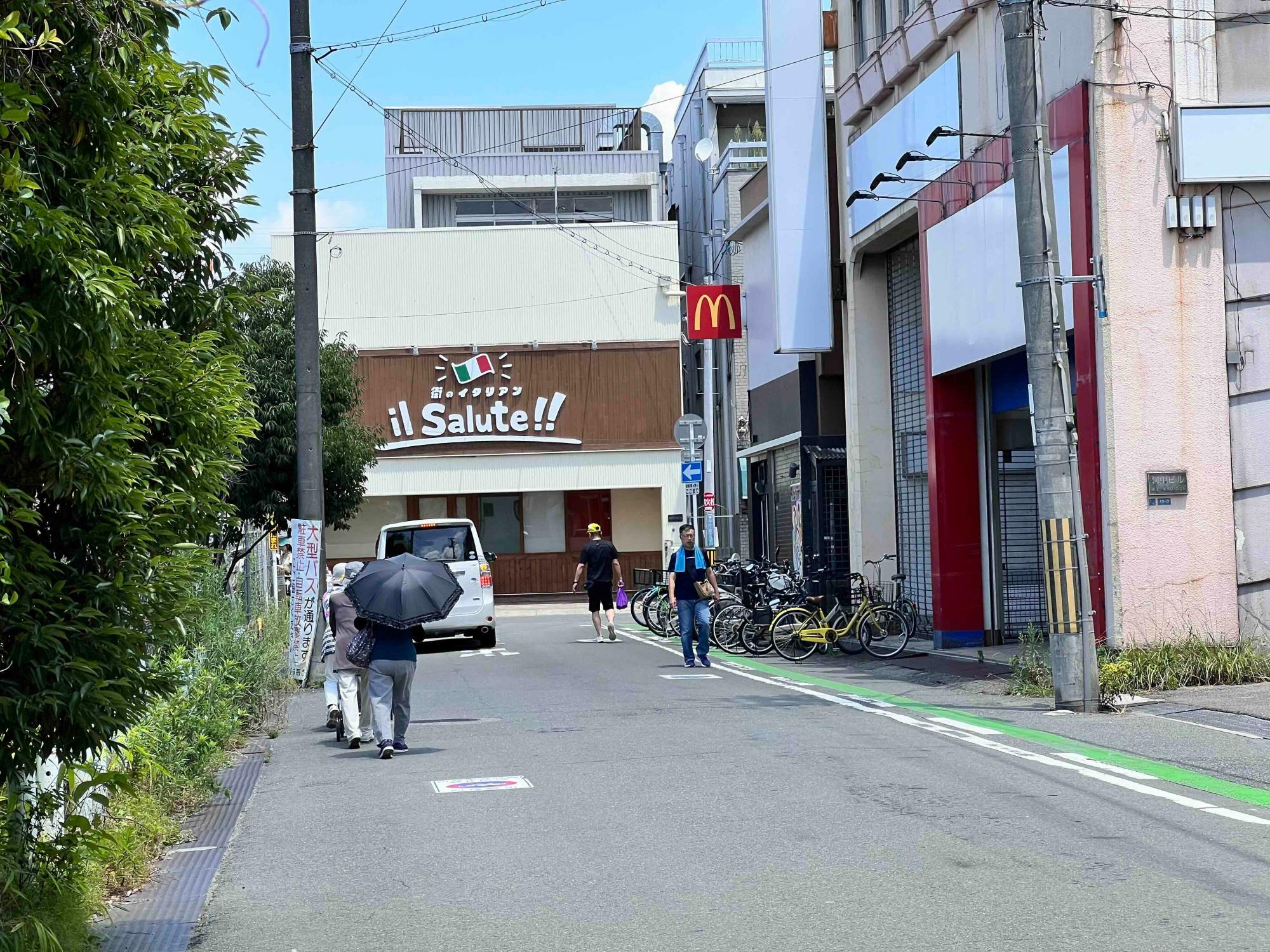 駅前を日傘を差して歩く人