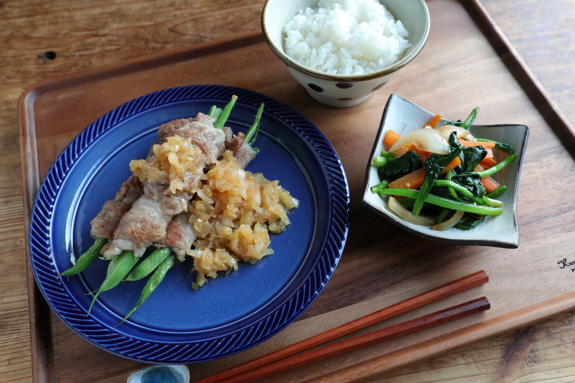 いんげんの豚肉巻き 玉ねぎソースかけ＆３色野菜のきんぴら