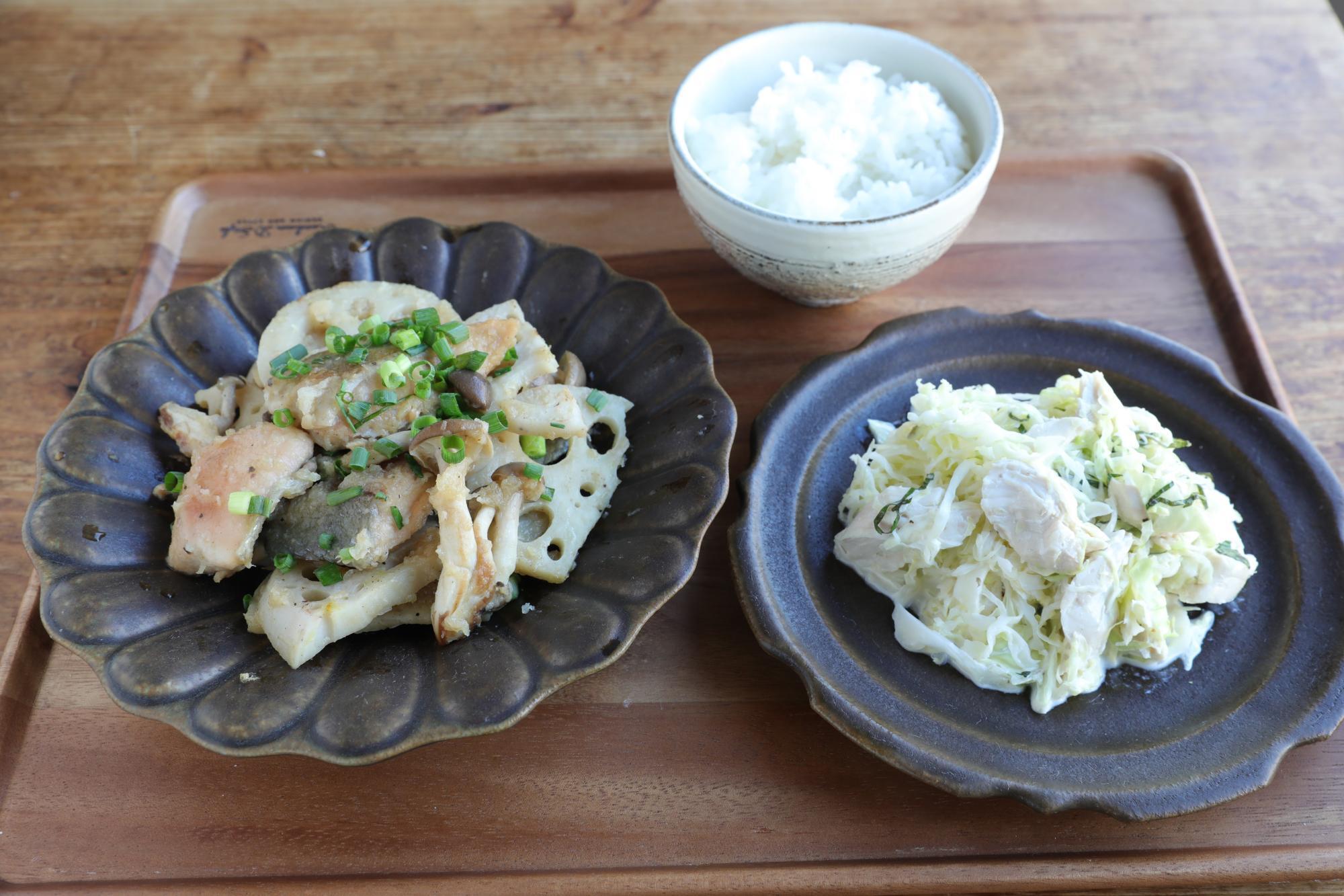 鮭としめじのみぞれ煮＆キャベツとささみの和風コールスロー