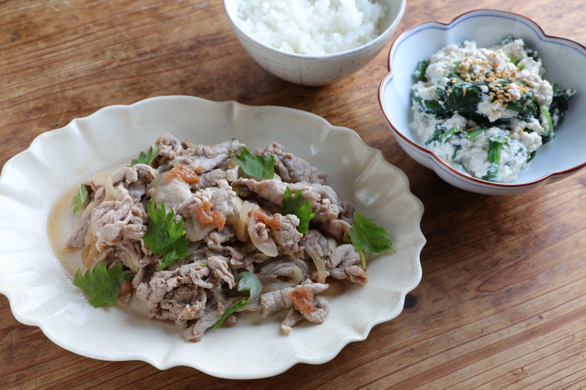 さっぱり！豚小間の梅ポン炒め＆ほうれん草の白和え