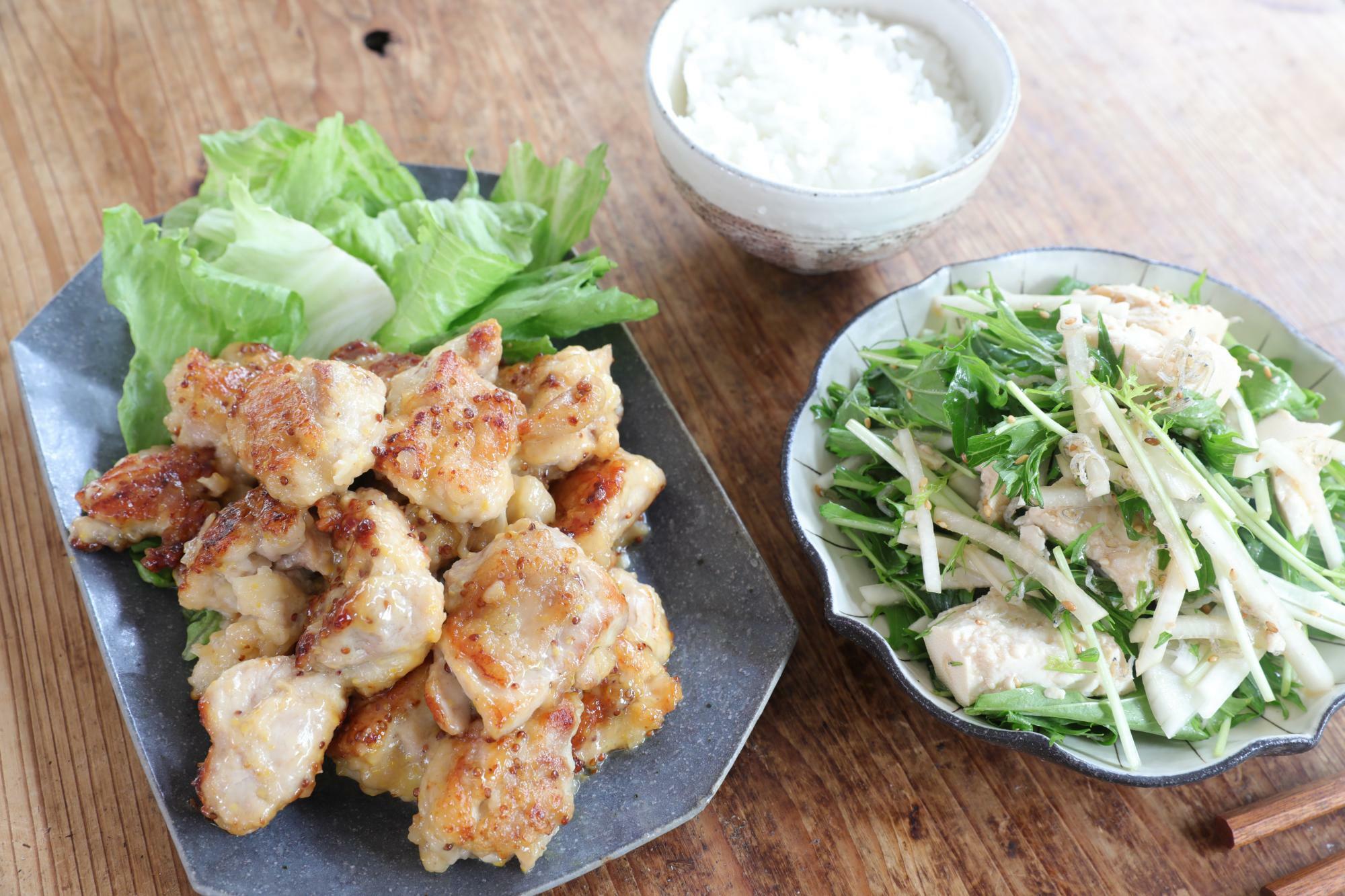 こんがりハニマヨチキン＆大根とじゃこの豆腐入り中華サラダ