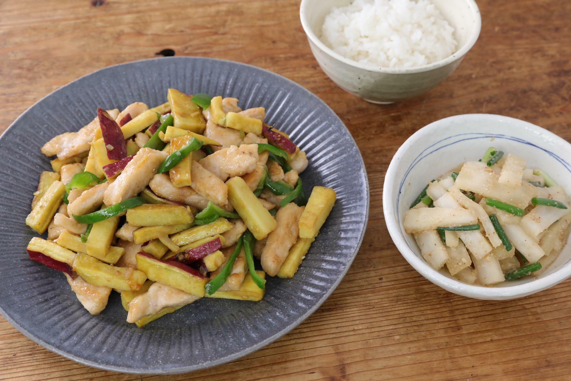 さつまいもと鶏むねのオイスター炒め＆大根と青ネギのごまナムル