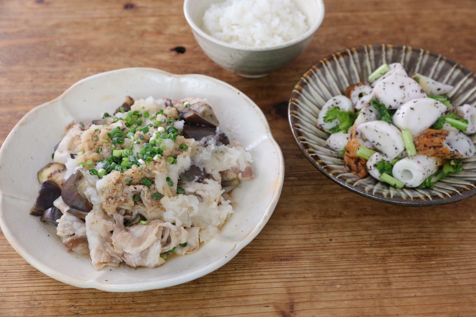 豚バラとナスのみぞれごまポン酢＆かぶとちくわのゆかり和え