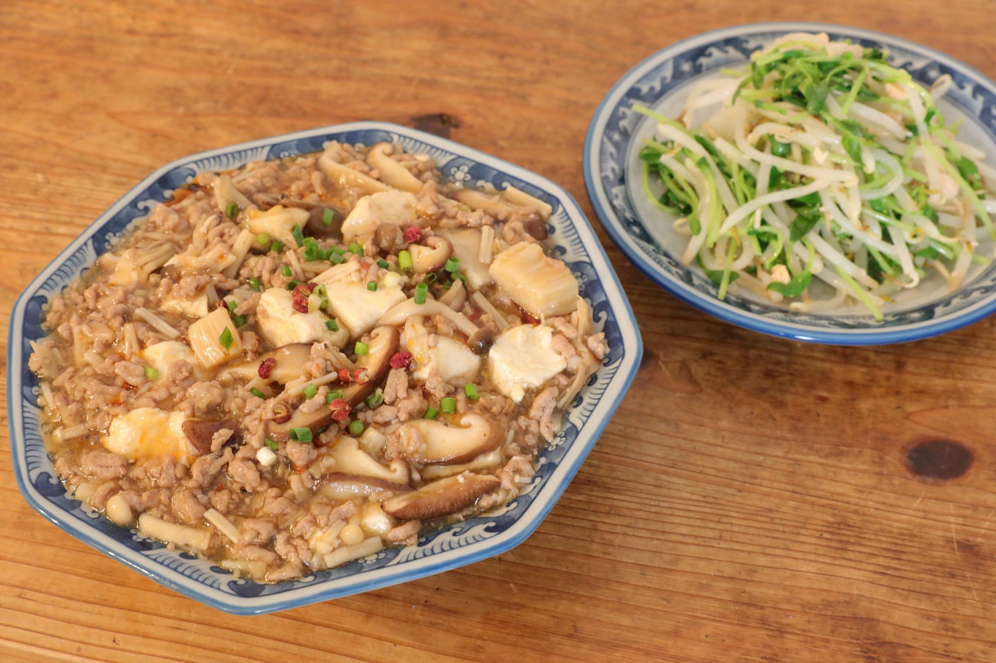 きのこ入り麻婆豆腐＆豆苗ともやしのうまツナ和え