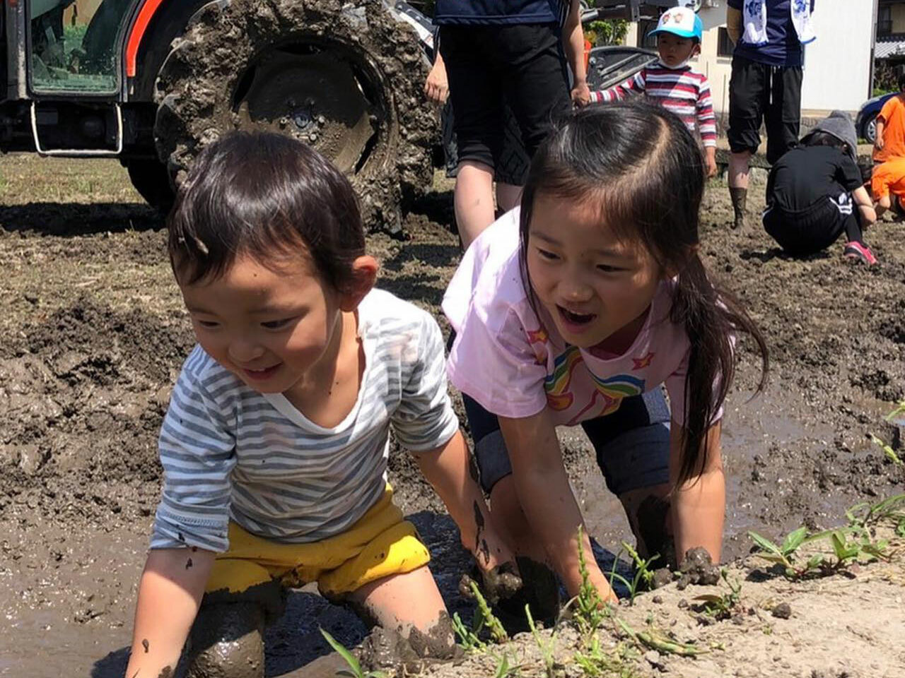 米作りにはかかせない、子どもたちの泥遊び　画像提供：くぼちゃんファーム