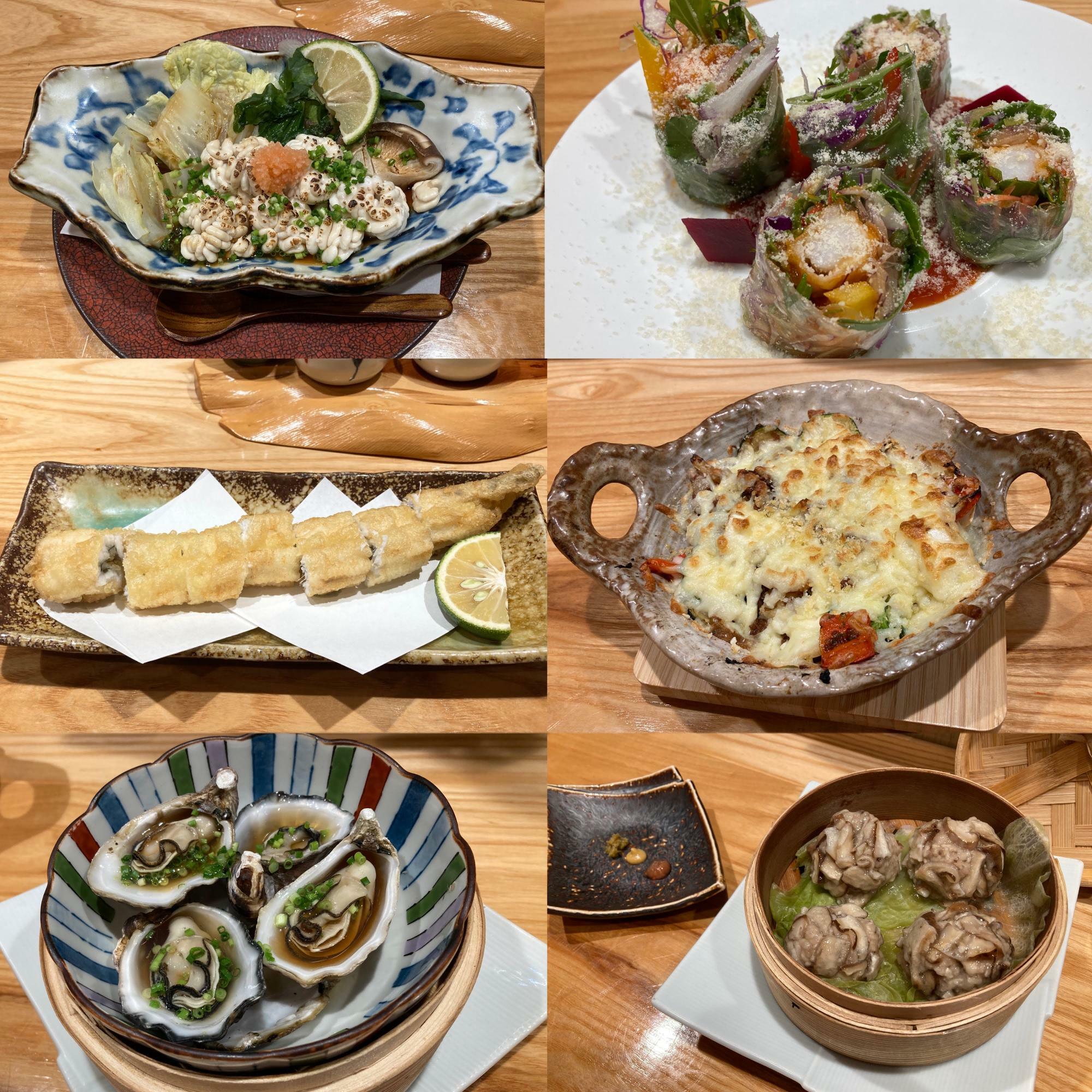 左下から時計回りに、大入島生カキ（蒸し）・穴子天ぷら・タラ白子・生春巻・野菜と肉味噌のチーズ焼・椎茸シューマイ