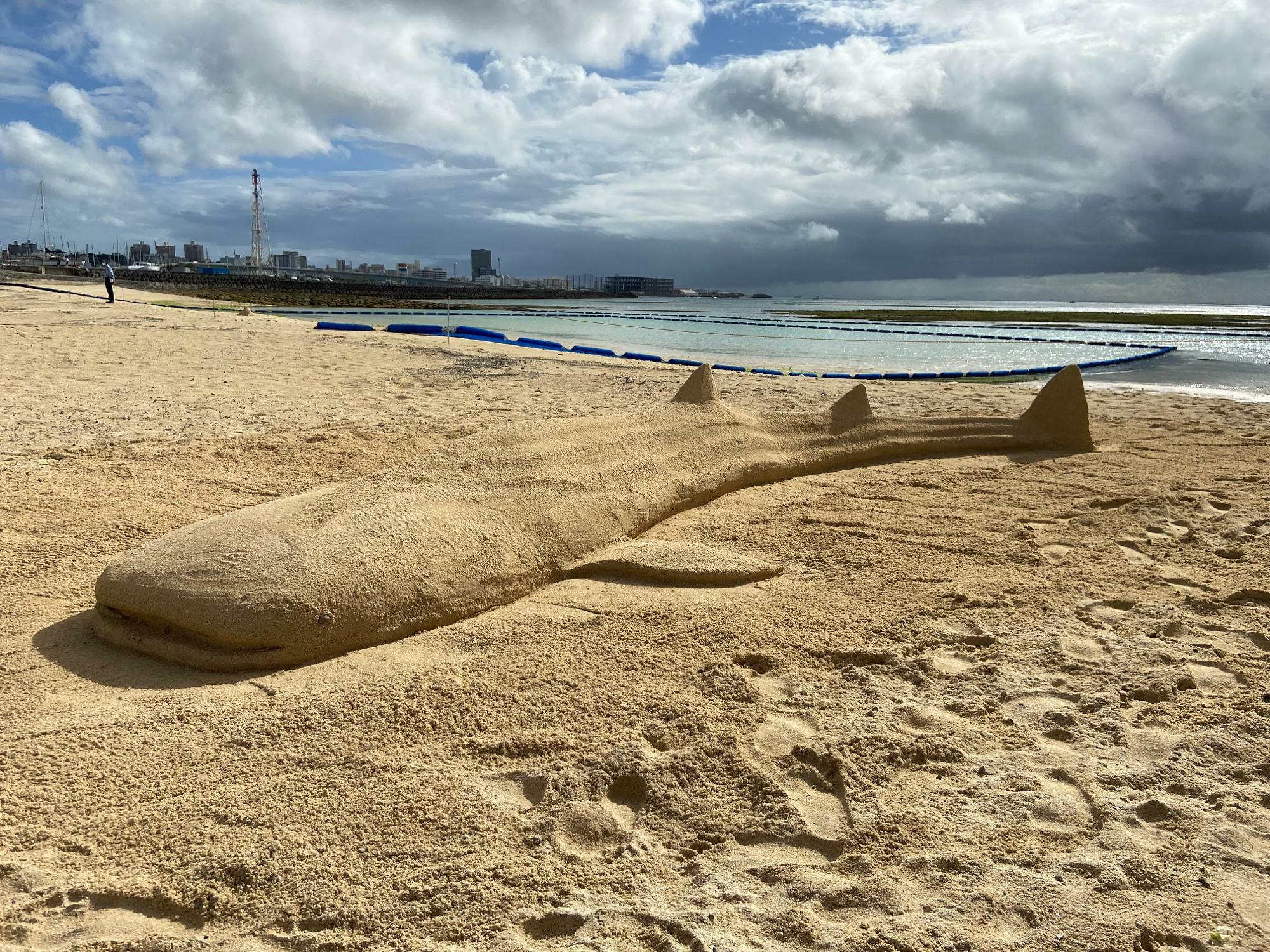 打ち上げられた巨大ジンベイザメ・・・の砂絵立体アート。