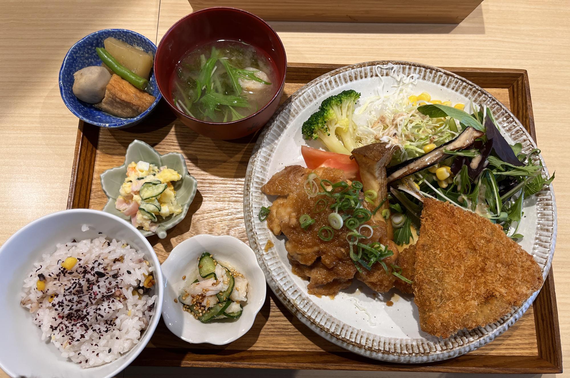 ある日のランチ。鶏肉のみぞれ煮とアジフライのWメインで野菜もたっぷり。