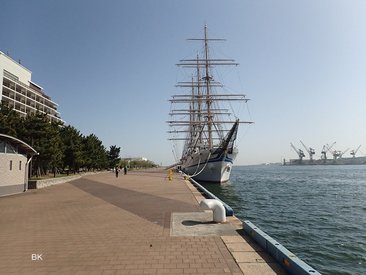 第一突堤には日本丸などの練習帆船が停泊していることがある。
