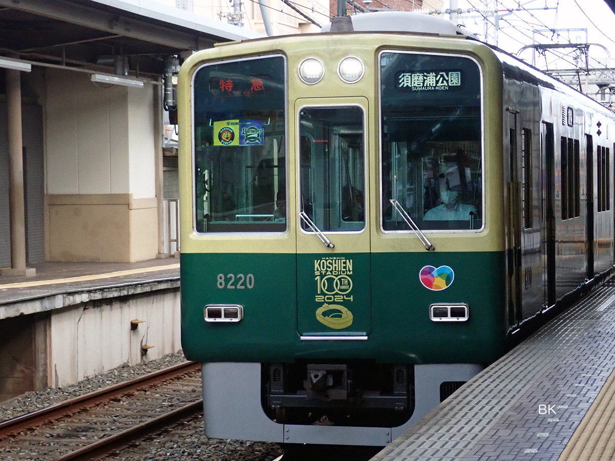 阪神とオリックスのエンブレムの関西ダービーの副標をつけて走る阪神電車。