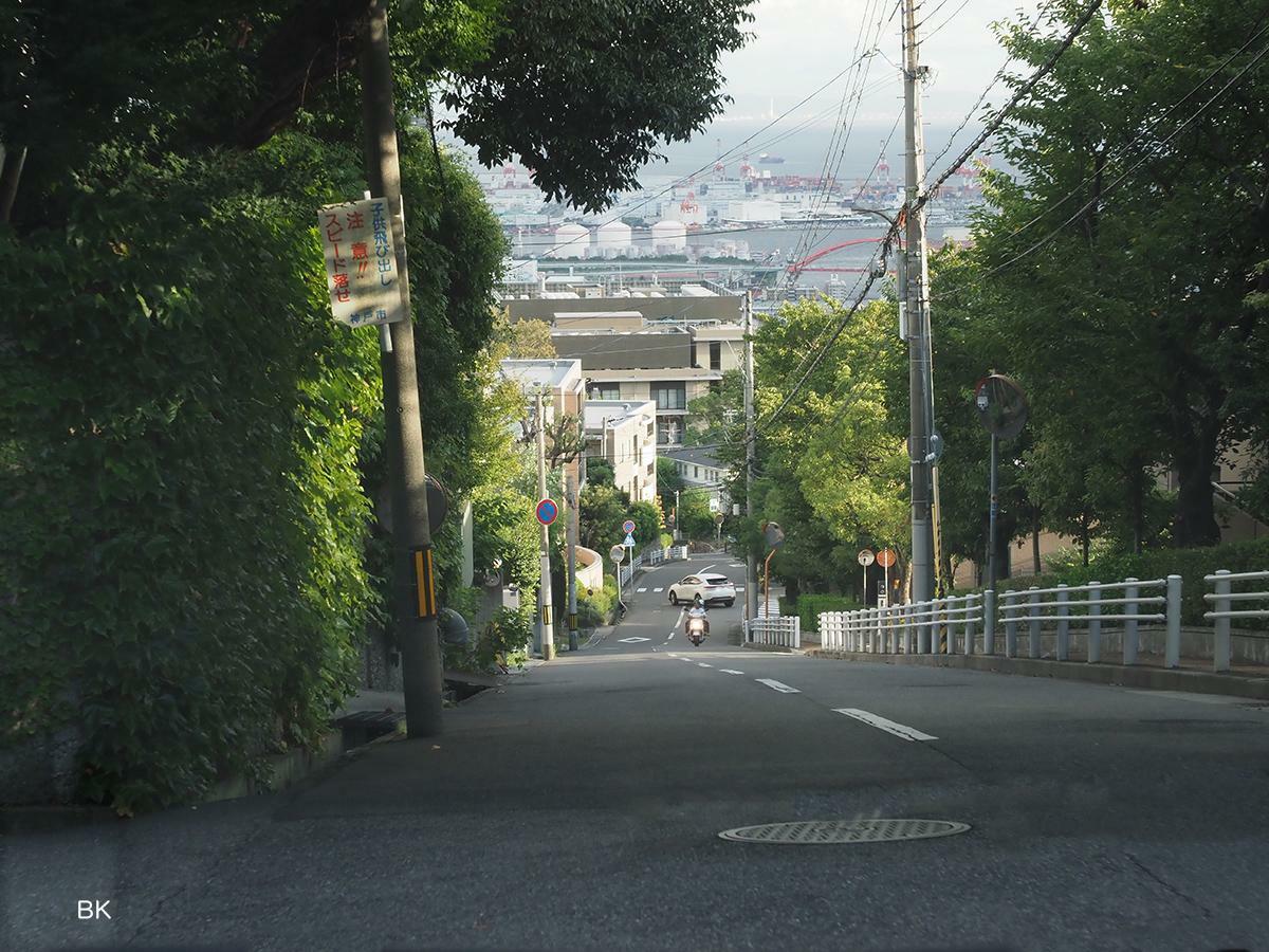 長い坂道を車で下る。