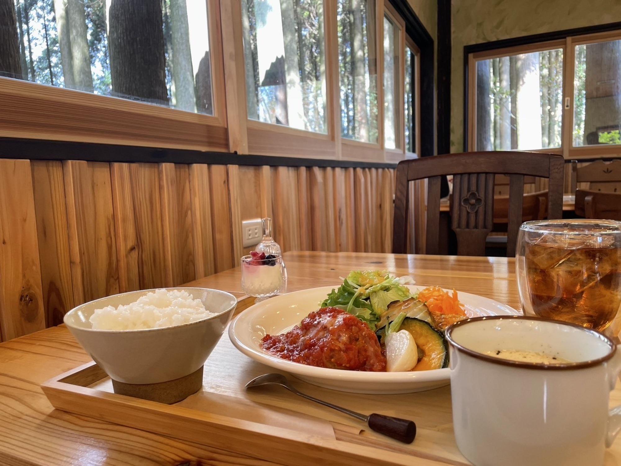 豆腐ときのこのトマトチーズ煮込みハンバーグ（スープ＆ドリンク＆プチデザート付き）