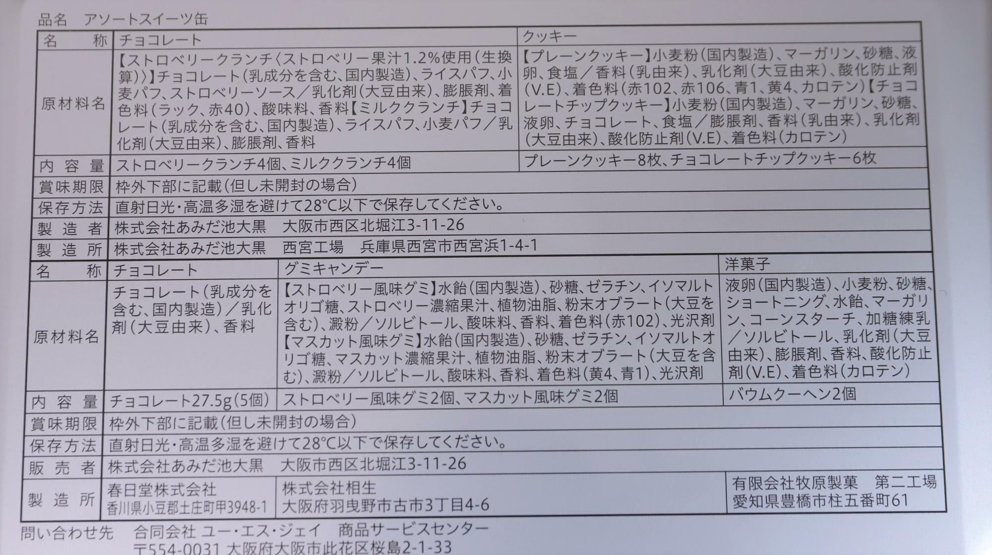 USJ土産のアソートスイーツ缶の原材料名