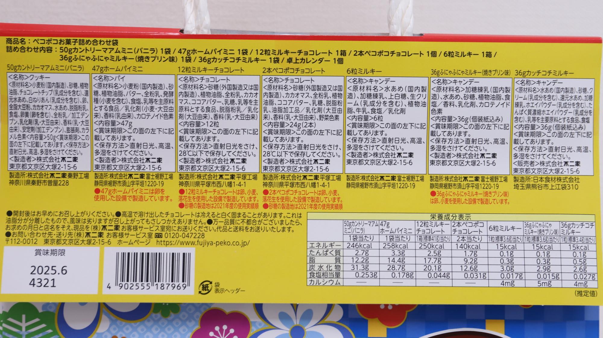 イオンの不二家の福袋 原材料名と栄養成分表示