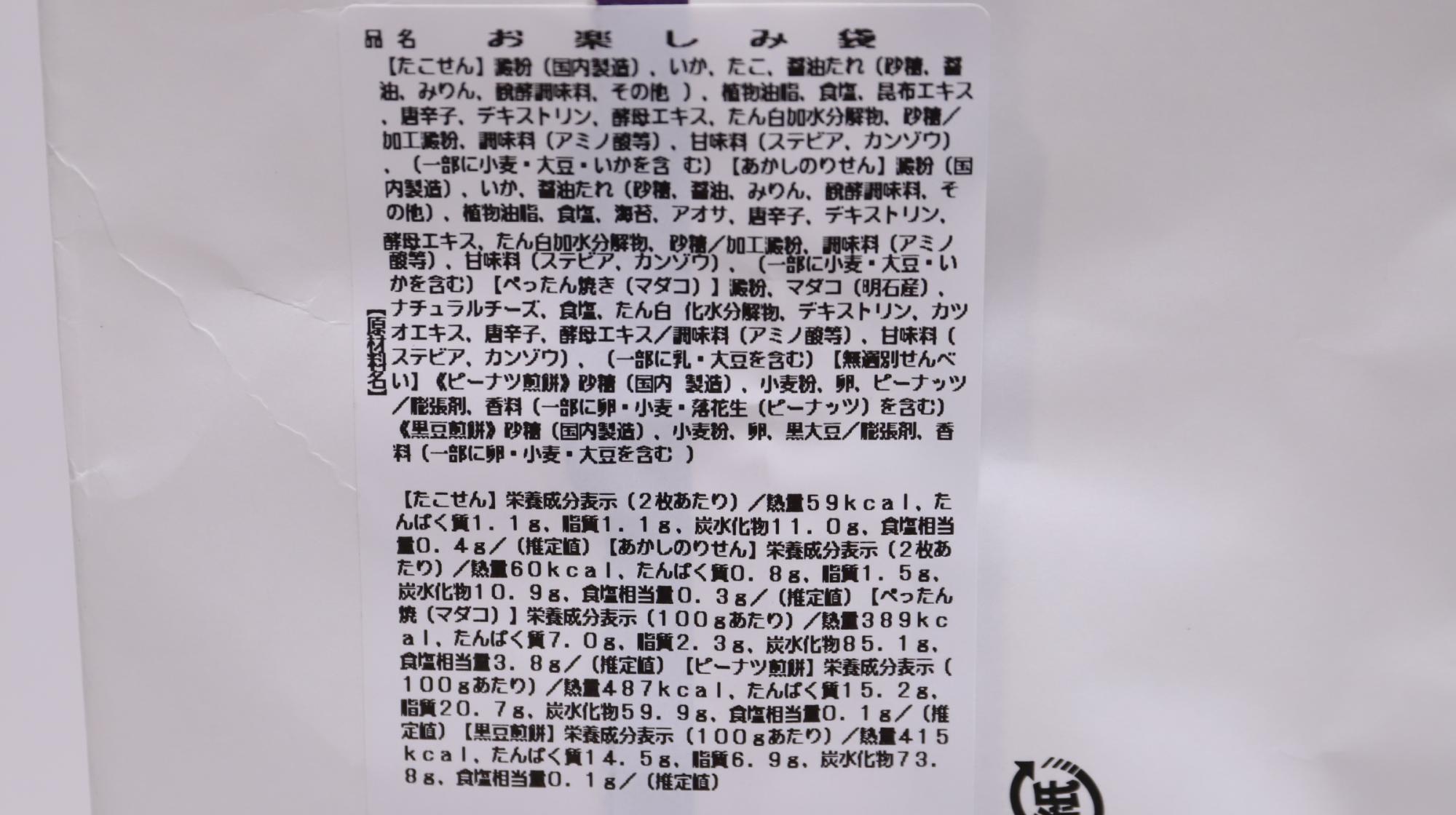 イオンの福袋　永楽堂お楽しみ袋　原材料名と栄養成分表示