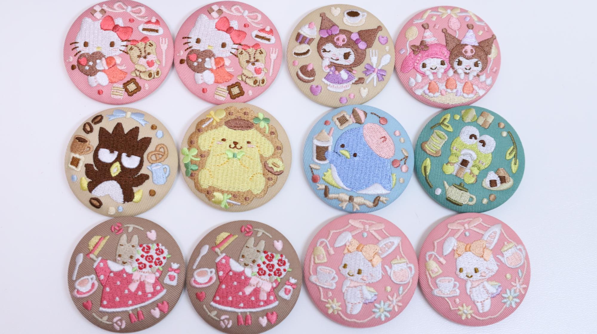 ハローキティやクロミの刺繍缶バッジ。サンリオキャラクターズ ハローキティやクロミの刺繍缶バッジ。サンリオキャラクターズ
