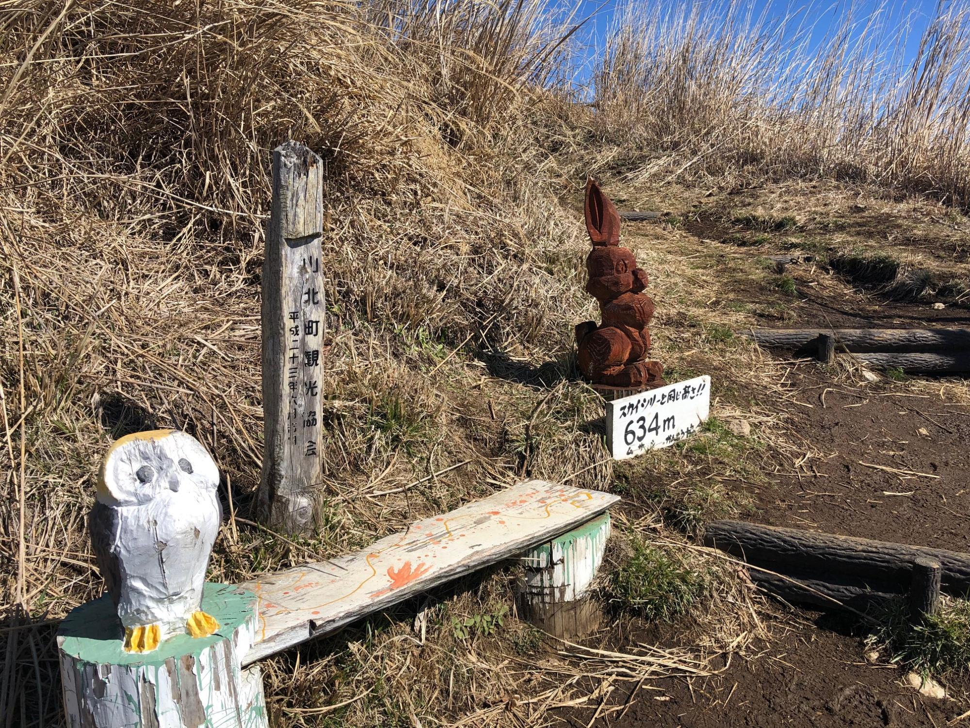 大野山の登山道の途中に置かれた木彫りの動物たち