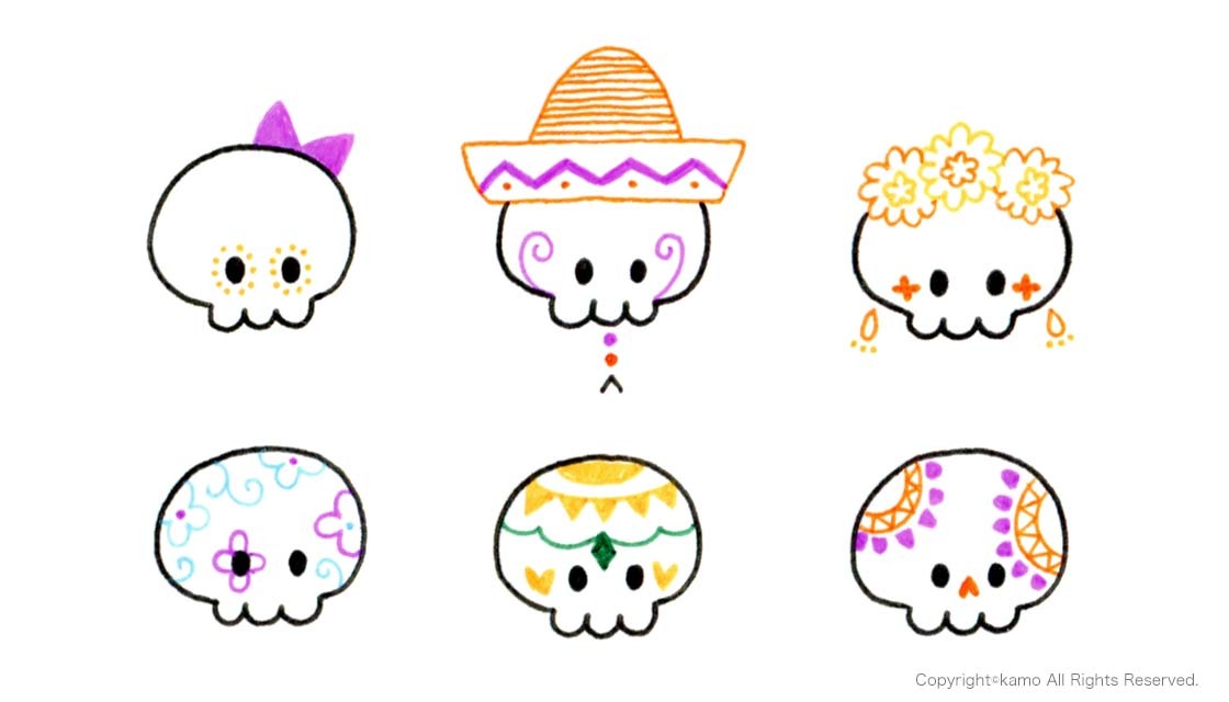 リボンや帽子、花(メキシコの「死者の日」の花はマリーゴールドだそう)で飾ったり、ペイントしたガイコツ