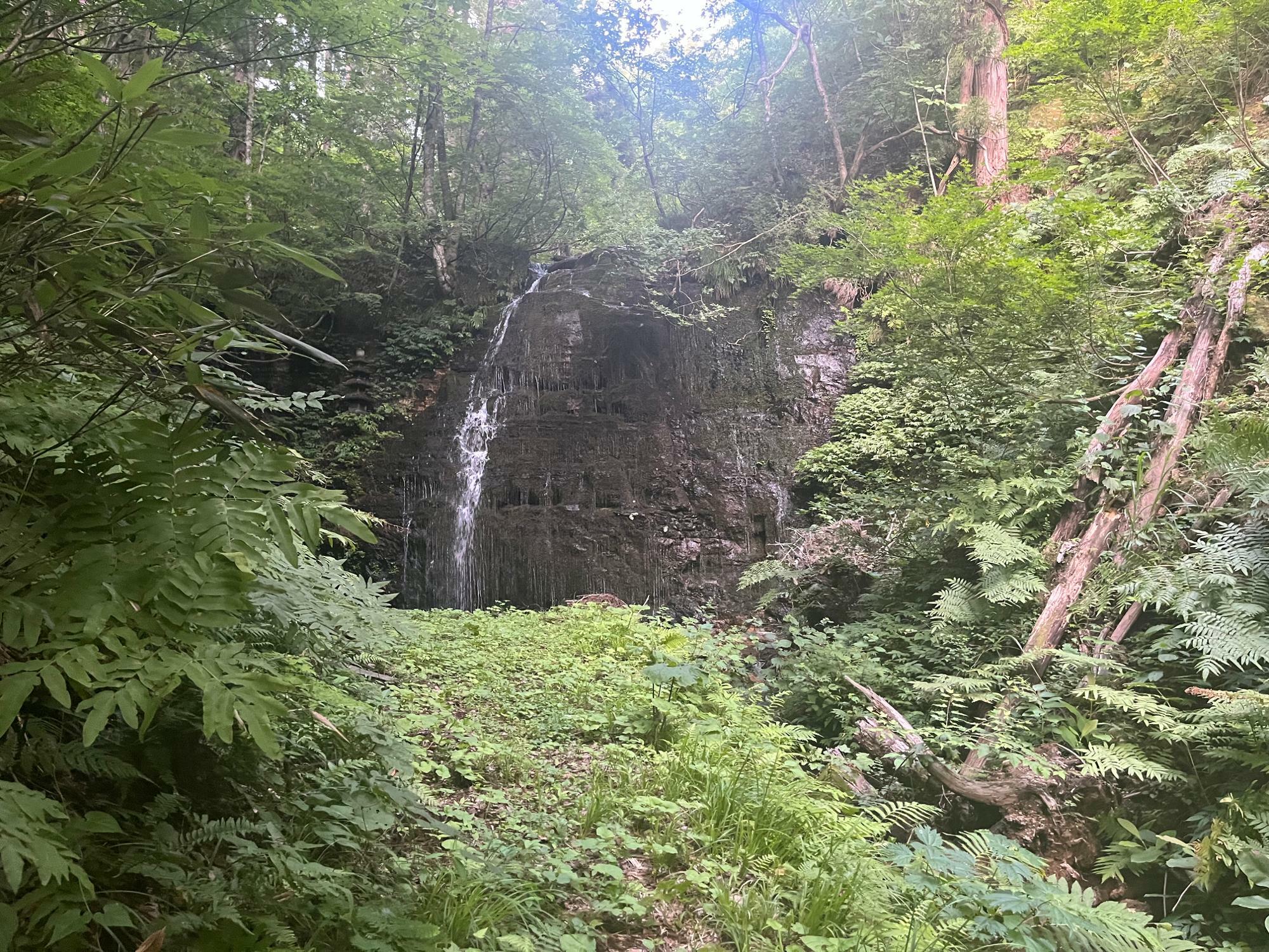 山道の先に滝がお目見え……