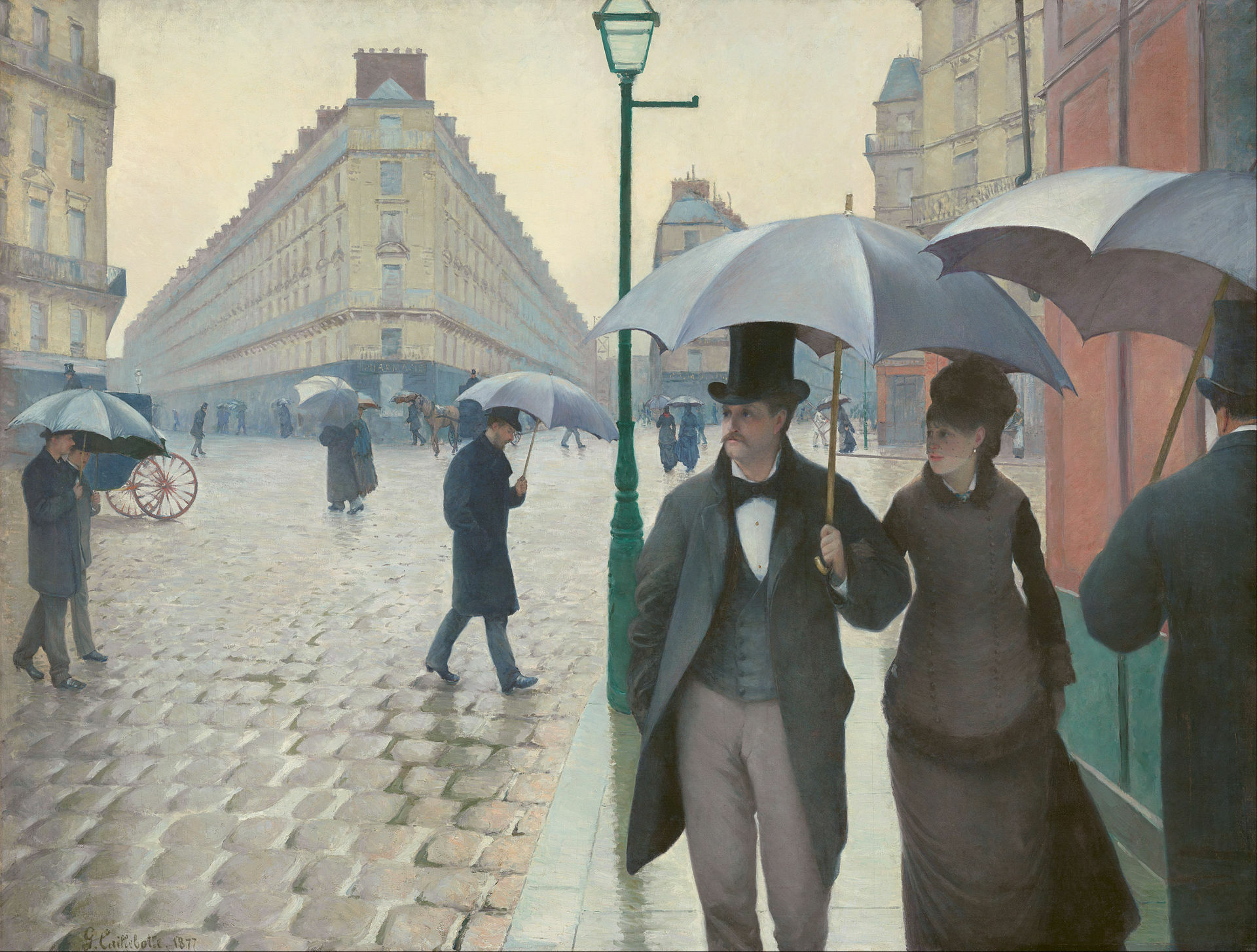 ギュスターヴ・カイユボット《パリの通り、雨》1877年、シカゴ美術館