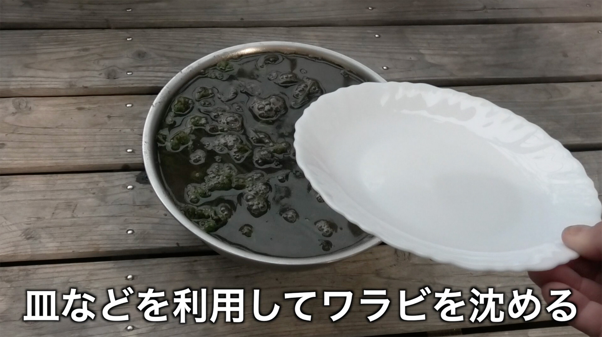 ワラビが浮き上がって熱湯から出るようなら皿などで落し蓋をして沈める