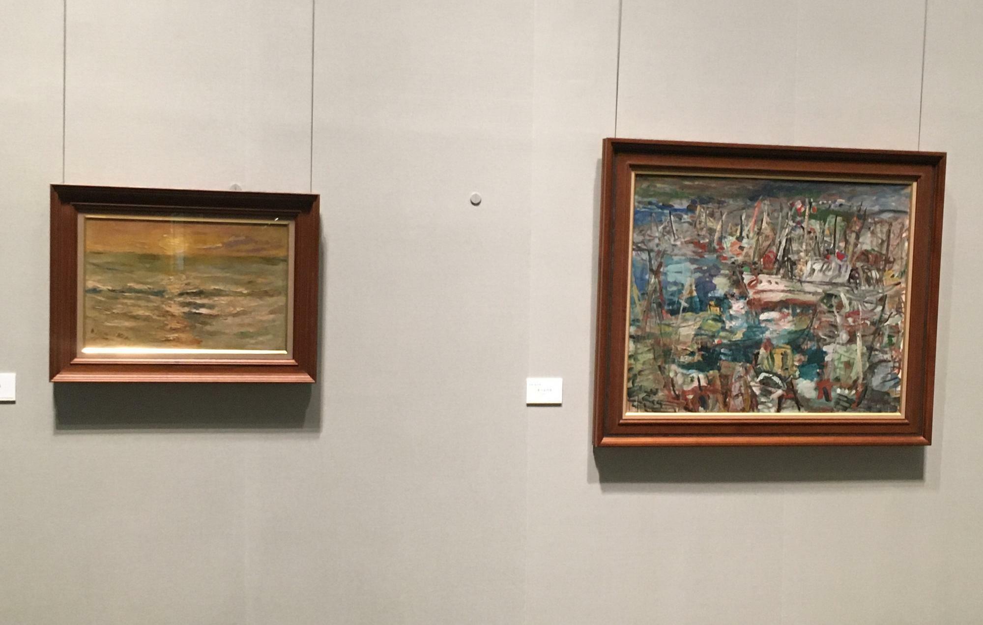 木田金次郎作品。左は「波の夕陽」、右は「夏の岩内港」