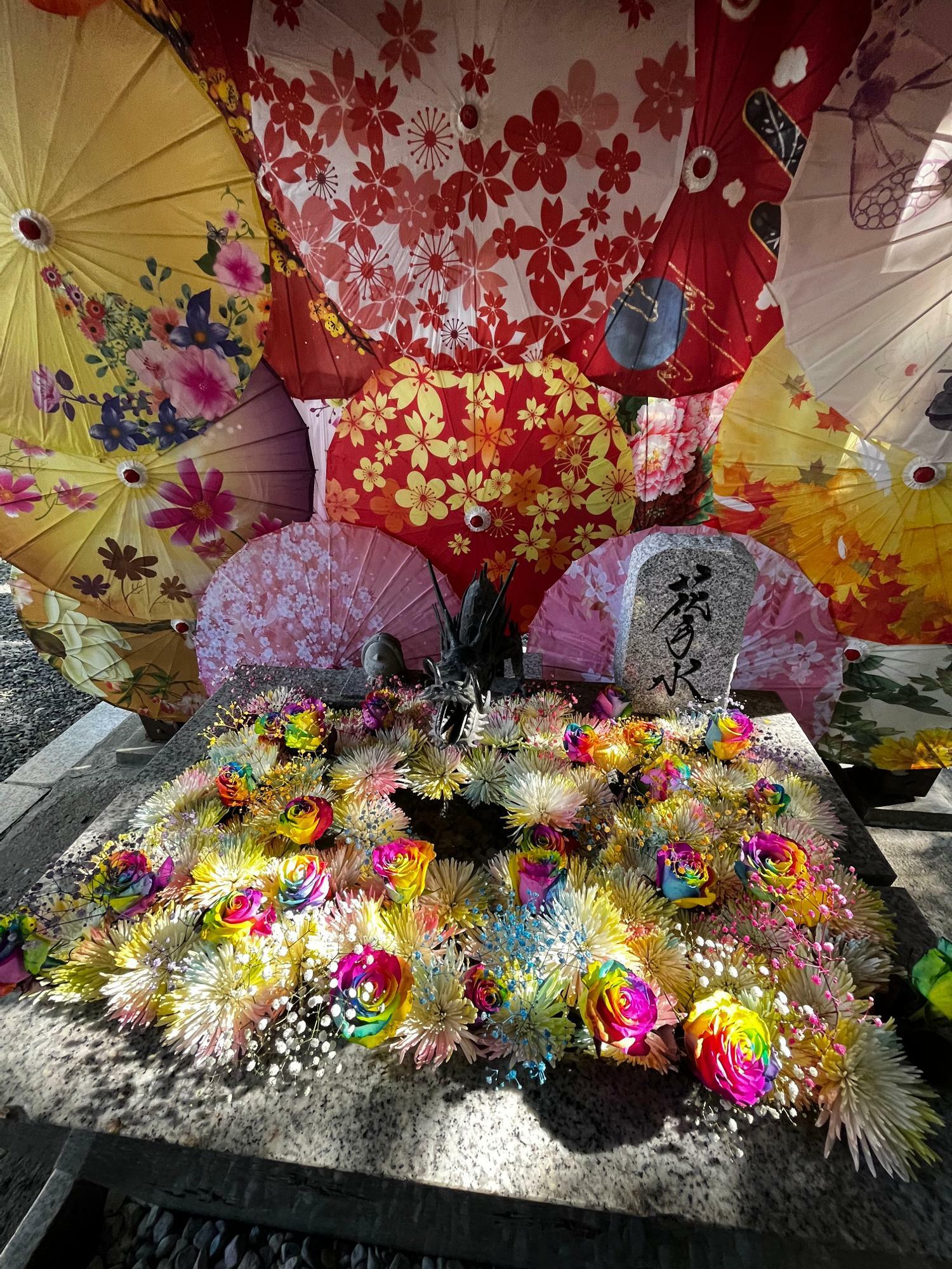 コロナ禍で人気が出た「札幌諏訪神社」の花手水（はなちょうず）。9月11日のお花はレインボーカラーでした！