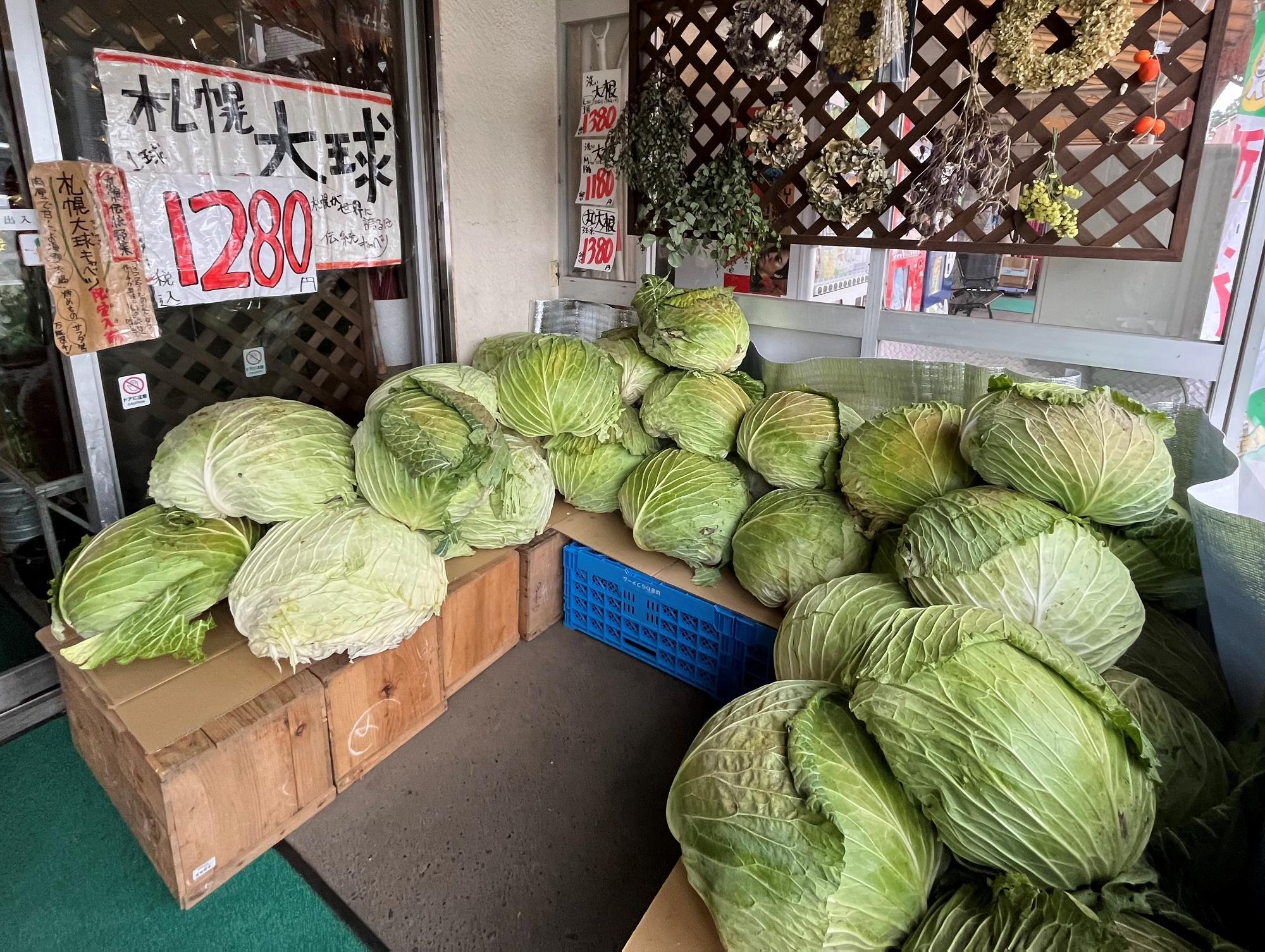 ゴロゴロと大きな札幌大球が並んでいます。これも毎年この時期のお店の風物詩になっています