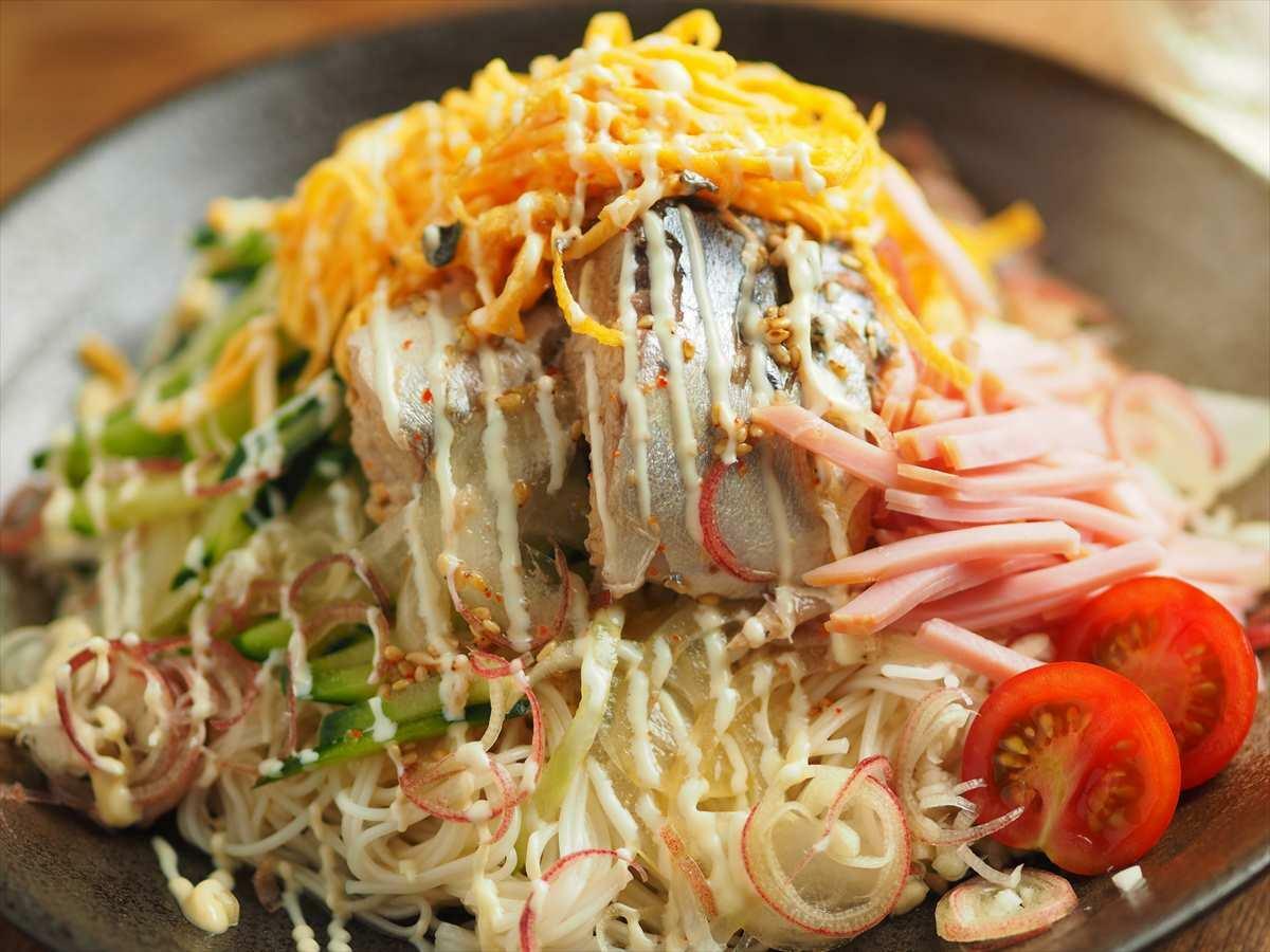 そうめん+サバ缶+卵+ハムでタンパク質30g